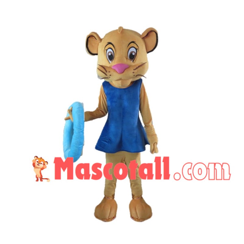 Slim Lion Wearing Blue Swimsuit Mascot Costume