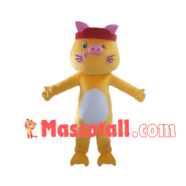 Positive Yellow Pig With Headband Mascot Costume