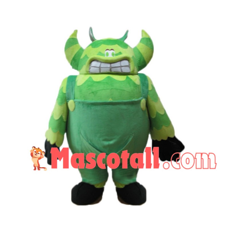Bulky Green Monster With Horns Mascot Costume