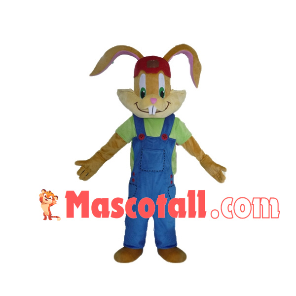 Green Eyed Bunny With Patch Overalls Mascot Costume
