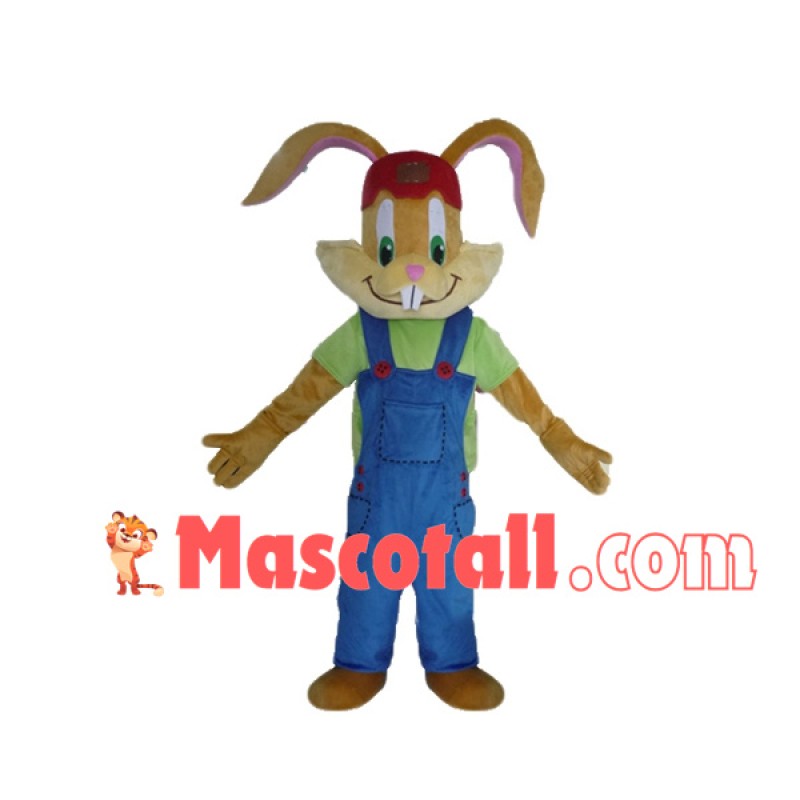 Green Eyed Bunny With Patch Overalls Mascot Costume