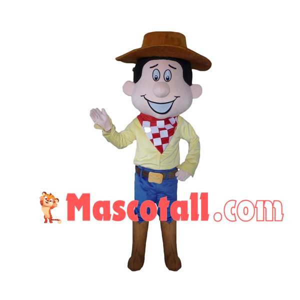 Kind Cowboy With Plaid Square Scarf Mascot Costume