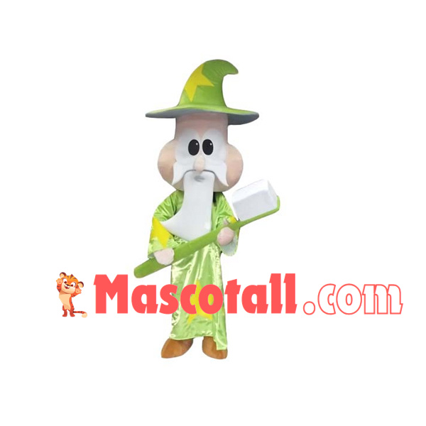 Old Magician Holding Brush Mascot Costume