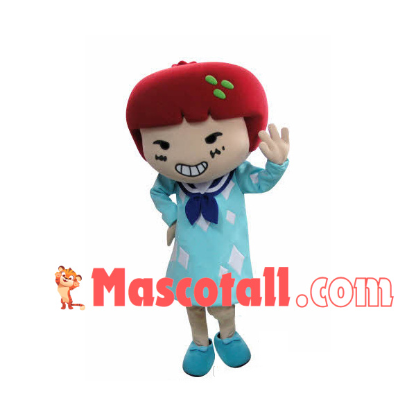 Smiling Boy In Strawberry Hat Mascot Costume