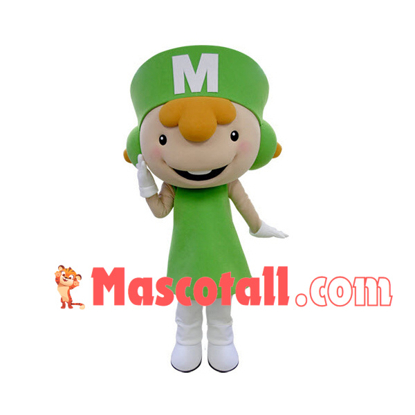 Glad Smiling Doll In The Green Suit Mascot Costume