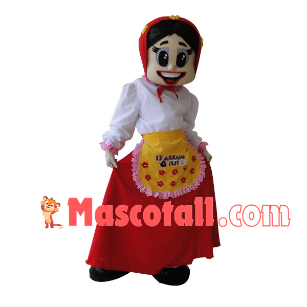 Smiling Cook Girl In Floral Lace Apron Mascot Costume