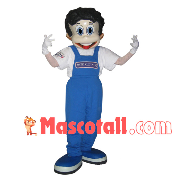 Helpful Boy In Blue Overalls Mascot Costume
