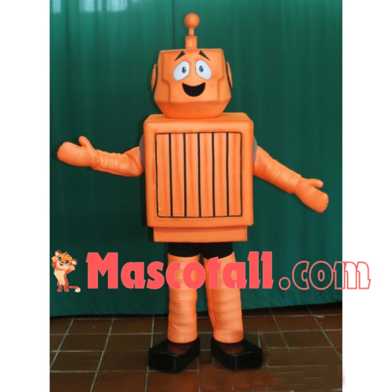 Orange Old-fashioned Robot With Square Body Mascot Costume