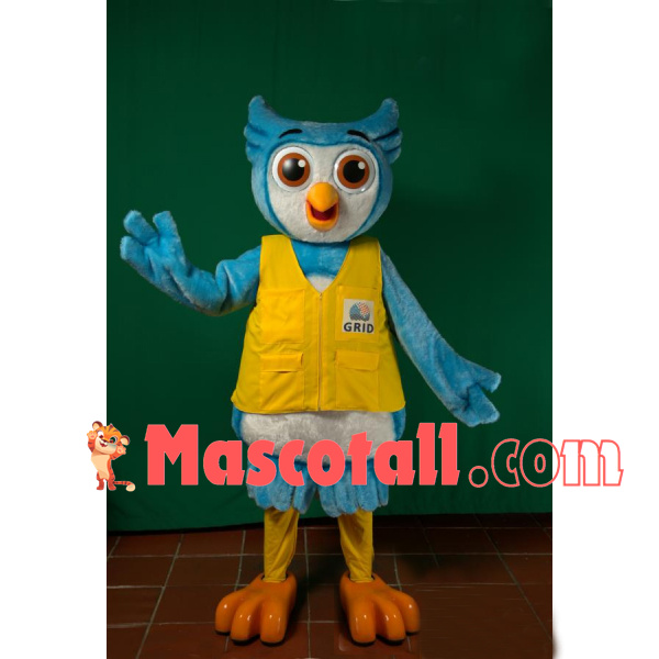 Blue Owl Wearing Work Vest Mascot Costume