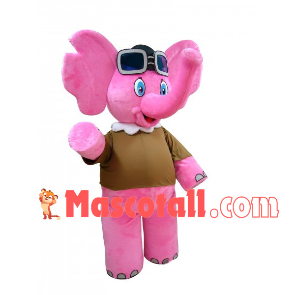 Glamour Girl Elephant In Khaki Shirt Mascot Costume