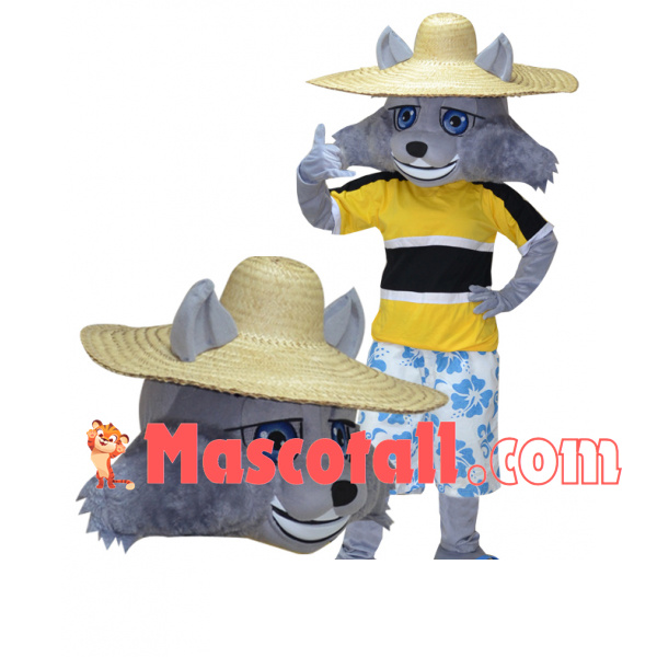Villager Wolf Wearing Straw Hat Mascot Costume