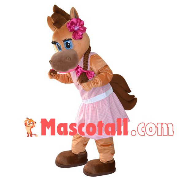 Brown Lady Horse In Plaid Dress Mascot Costume