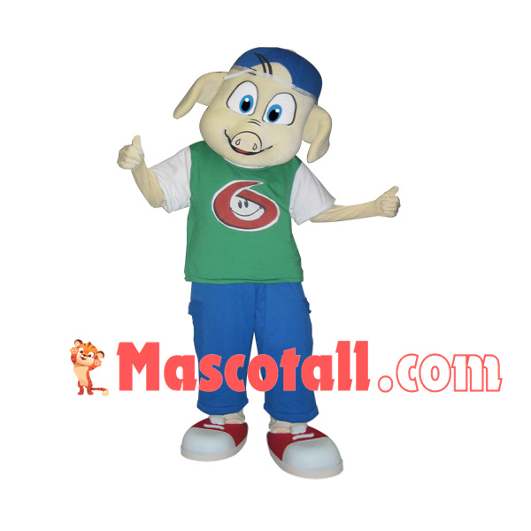 Energetic Boy Pig In Casual Suit Mascot Costume