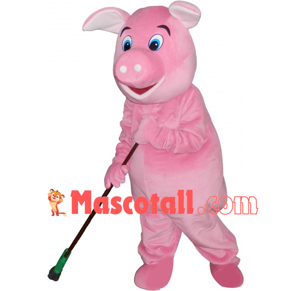 The Pig On Duty Carrying Broom Mascot Costume