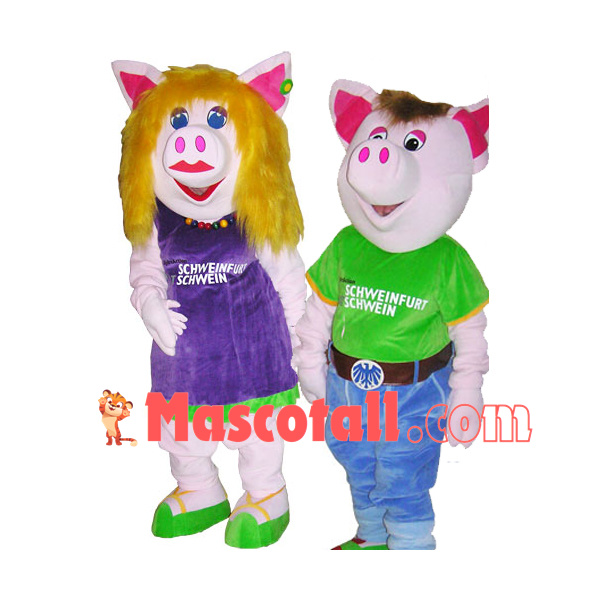 Pig Couple Wearing Formal Suit Mascot Costume