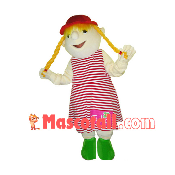 Blonde Girl Puppet In Striped Dress Mascot Costume