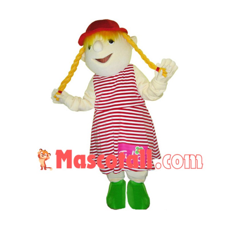 Blonde Girl Puppet In Striped Dress Mascot Costume