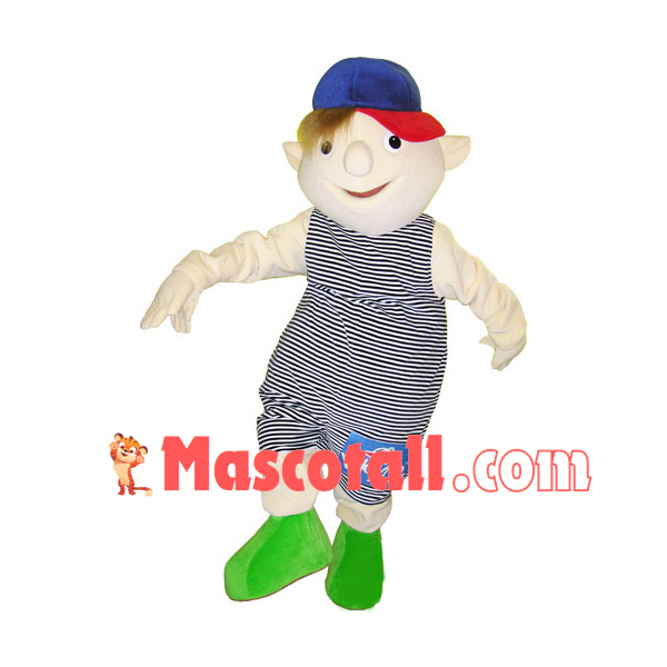 Boy Puppet In Striped Jumpsuit Mascot Costume