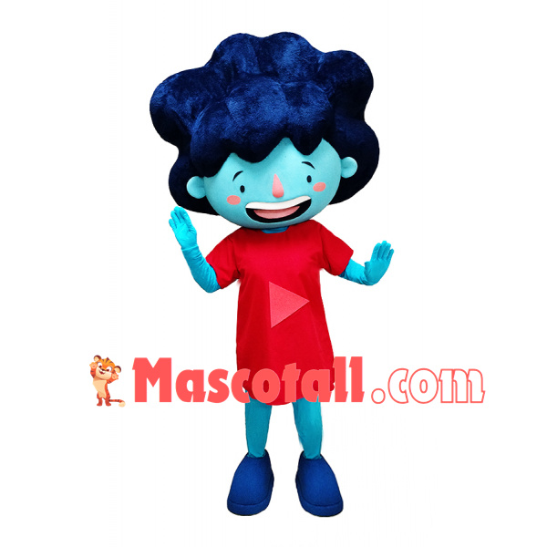 Curly Hair Blue Girl Cartoon Mascot Costume