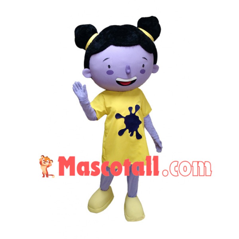 Purple Girl Doll In Printed Dress Mascot Costume