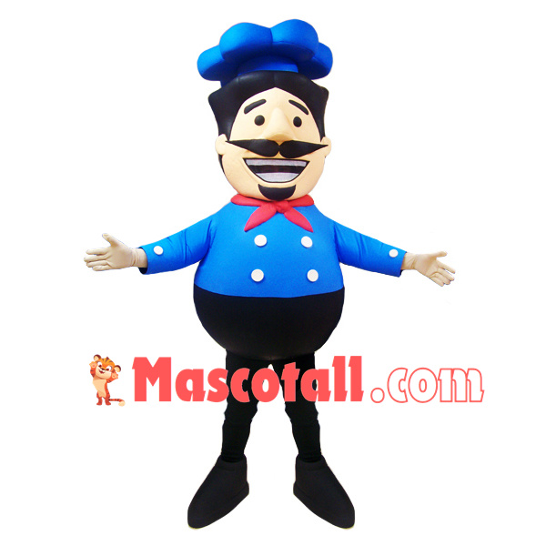 Bearded Chef Wearing Blue Uniform Mascot Costume