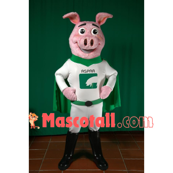 Pink Pig Wearing Super Outfit Mascot Costume