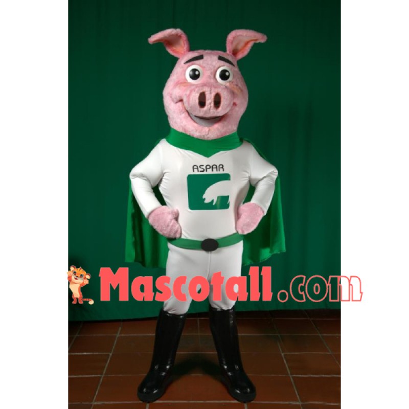 Pink Pig Wearing Super Outfit Mascot Costume