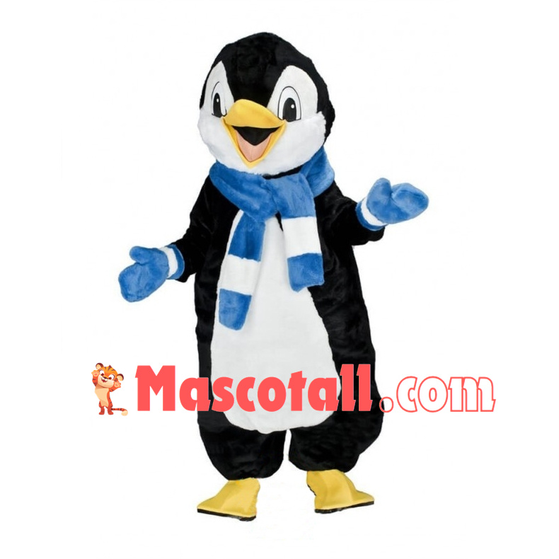 Lovely Penguin Wearing Blue Gloves And Scarf Mascot Adult Costume	