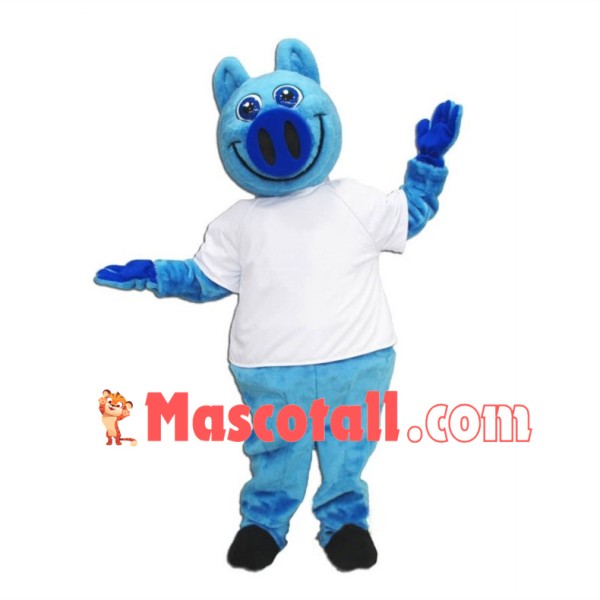 Smiling Cartoon Blue Pig Mascot Costume 