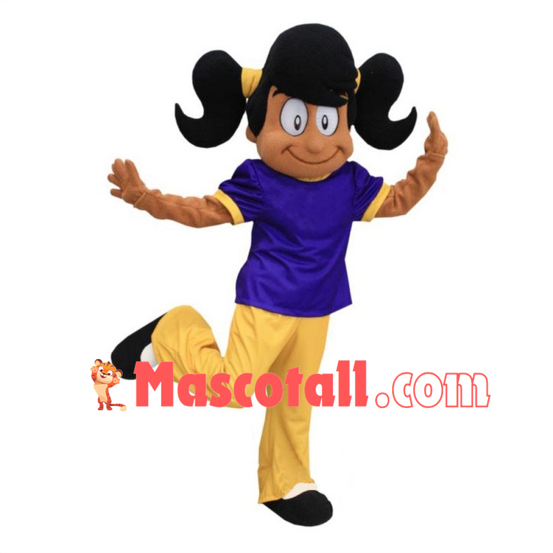 Lively Black Girl With Double Ponytail Mascot Costume 