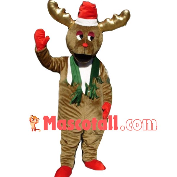 Xmas Red Nosed Reindeer With Golden Antlers Mascot Costume 