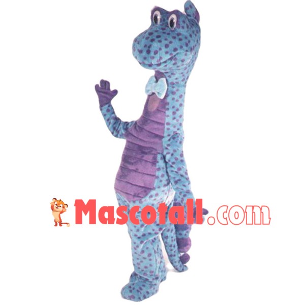 Purple Spotted Blue Dinosaur With Bow Tie Mascot Costume	