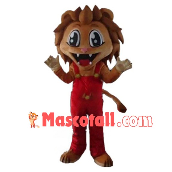 Handsome Cartoon Lion In Red Jumpsuit Mascot Costume 