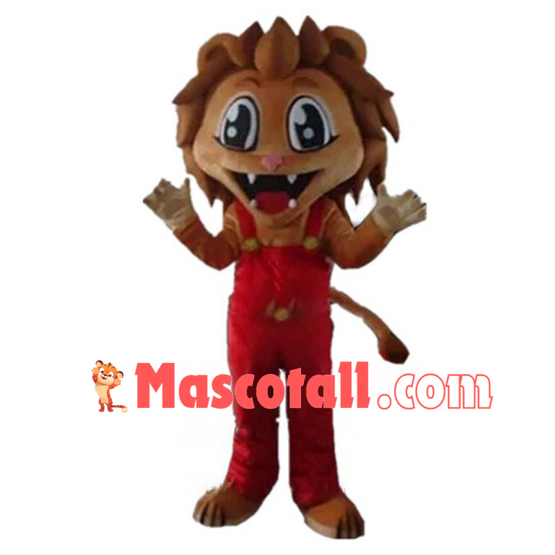 Handsome Cartoon Lion In Red Jumpsuit Mascot Costume 
