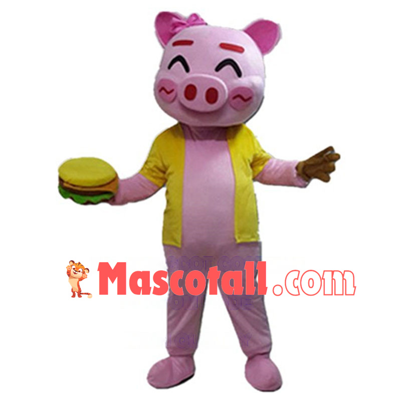 Cute Pink Pig Girl With Hamburger Mascot Costume 