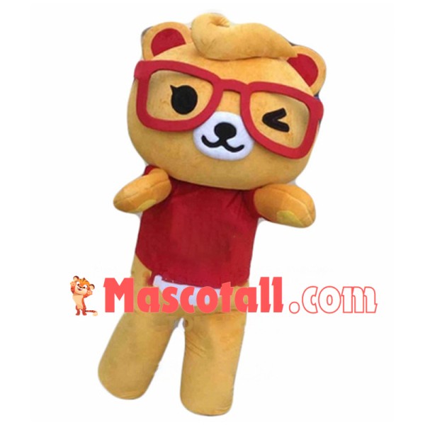 Winking Teddy Bear Boy With Red Eye Frame Mascot Costume 