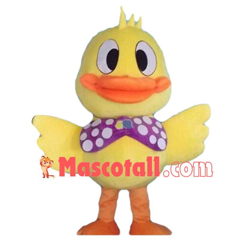 Little Yellow Duck With Purple Bow Tie Mascot Costume For Adult