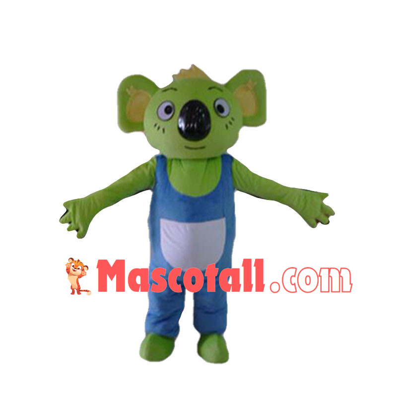 Adult Cartoon Green Koala in blue overalls Mascot Costume	