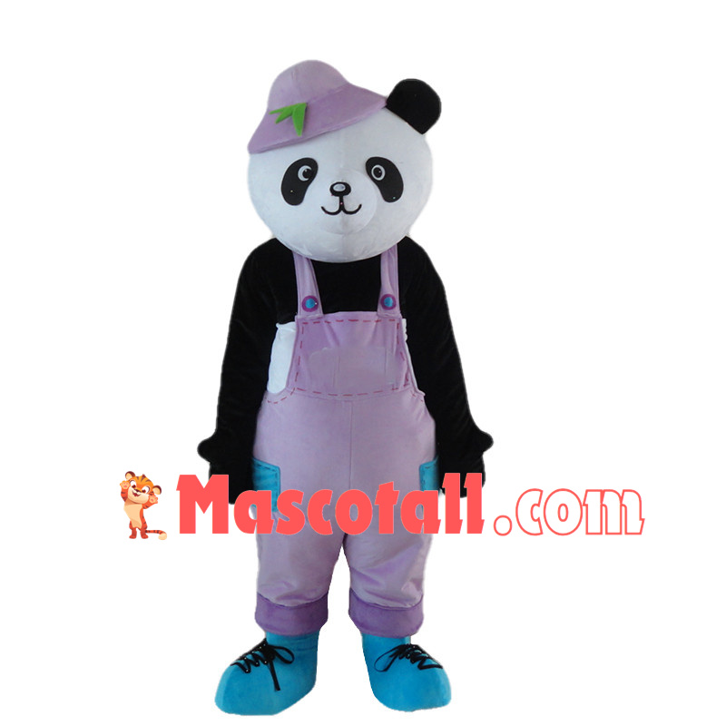 Adult Cartoon Panda Wearing Purple Overalls And Purple Hat Mascot Costume	