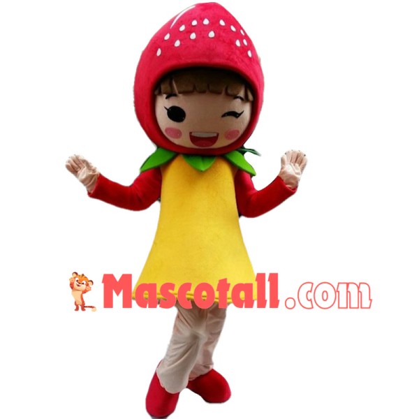 Cute Winking Strawberry Girl Mascot Costume 