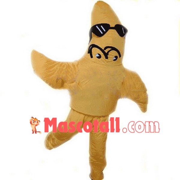 Running Cartoon Yellow Starfish With Sunglasses Mascot Costume Adult Size