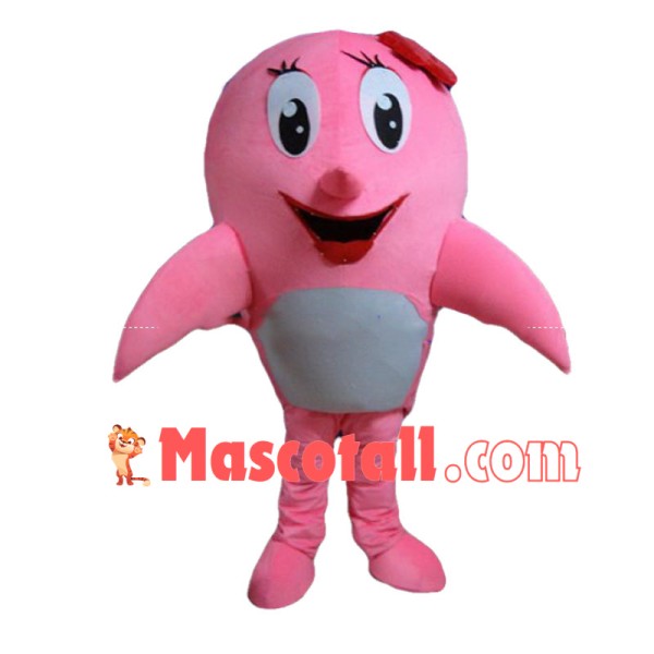 Lovely Cartoon Pink Dolphin With Red Flower Headdress Mascot Costume 