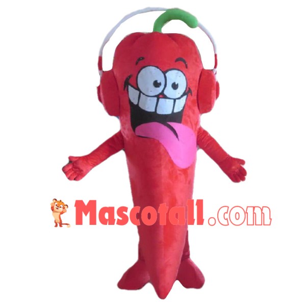 Crazy Cartoon Red Chili Pepper With Red Headphones Mascot Costume For Adult
