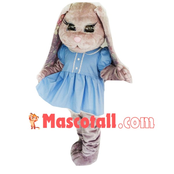 Adult plush Bunny In Blue Dress Mascot Costume 