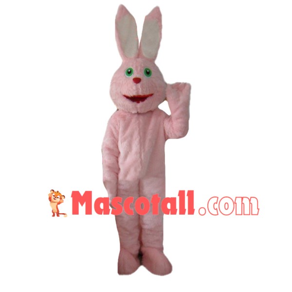 Friendly Pink Fur Bunny With Green Eyes Mascot Costume 