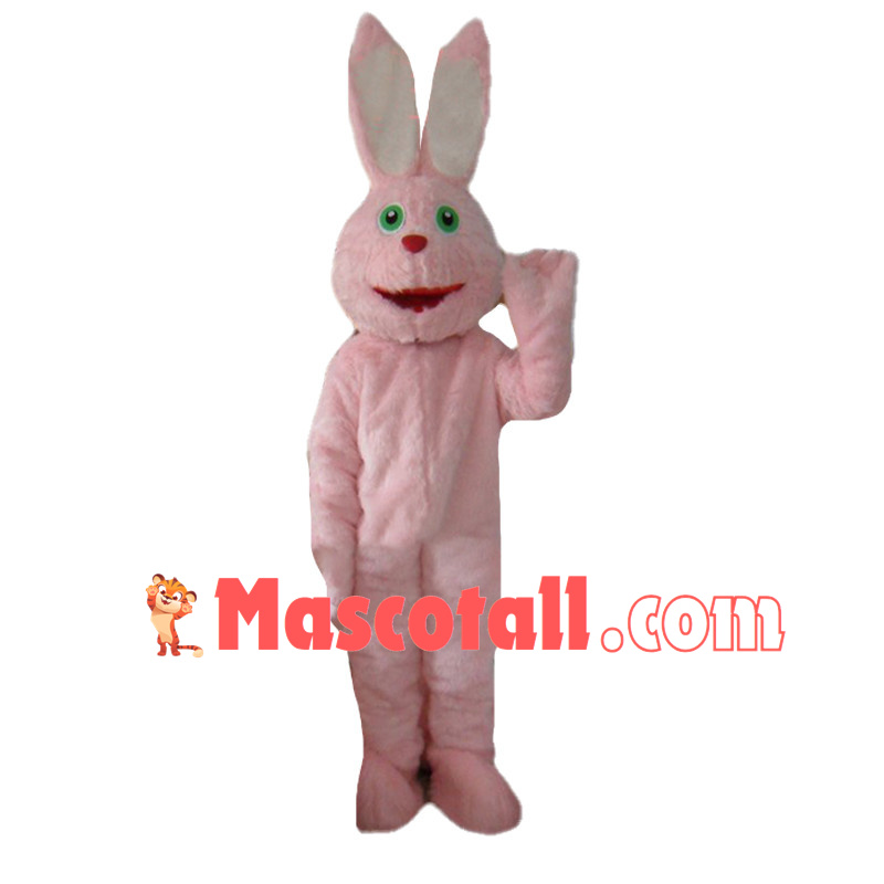 Friendly Pink Fur Bunny With Green Eyes Mascot Costume 