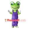 Green Frog Wearing Blue Overalls Mascot Costume 