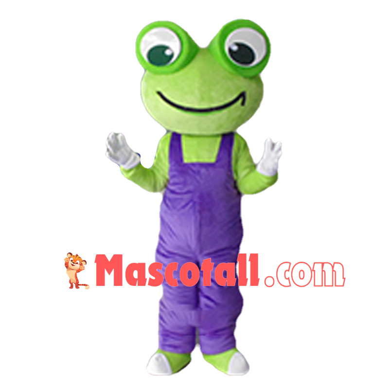 Green Frog Wearing Blue Overalls Mascot Costume 