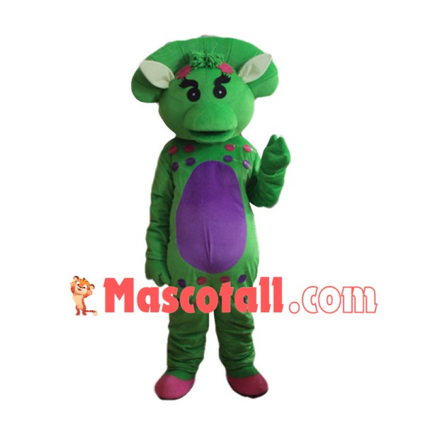 Shy Baby Bop the Bright Green Triceratops Mascot Adult Costume 