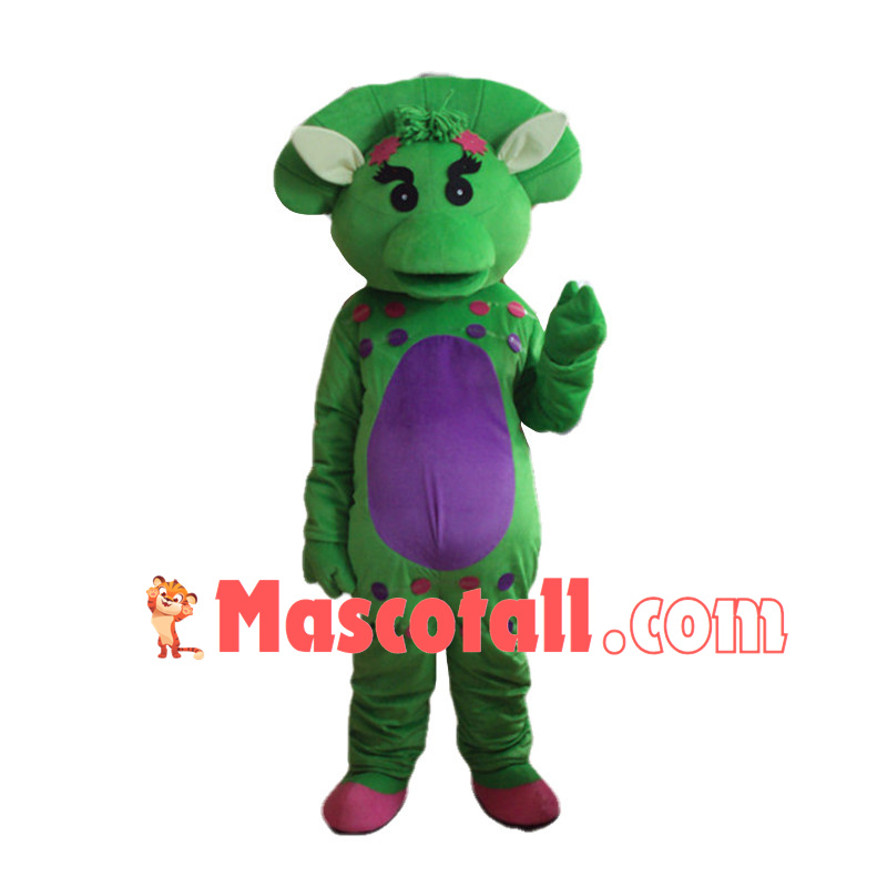 Shy Baby Bop the Bright Green Triceratops Mascot Adult Costume 